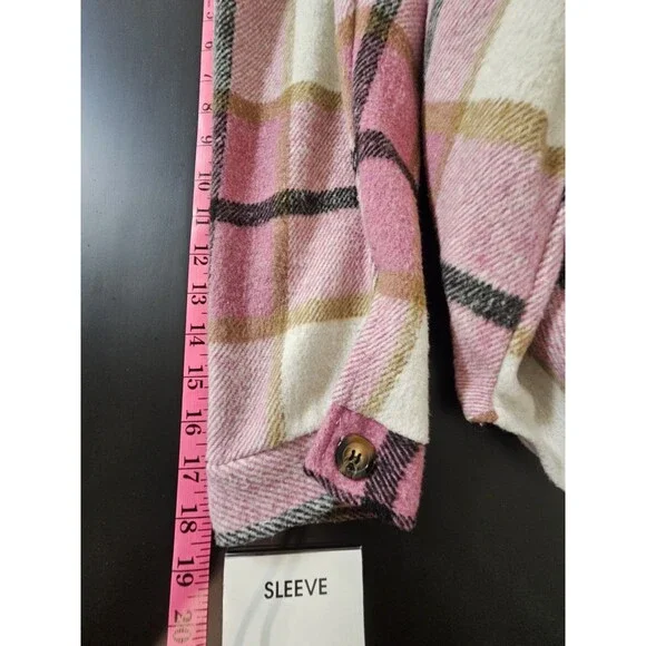Womens XL Pink Black Jacket Plaid Oversized Thick Flannel Farm Barn Coat Tunic - Picture 16 of 16